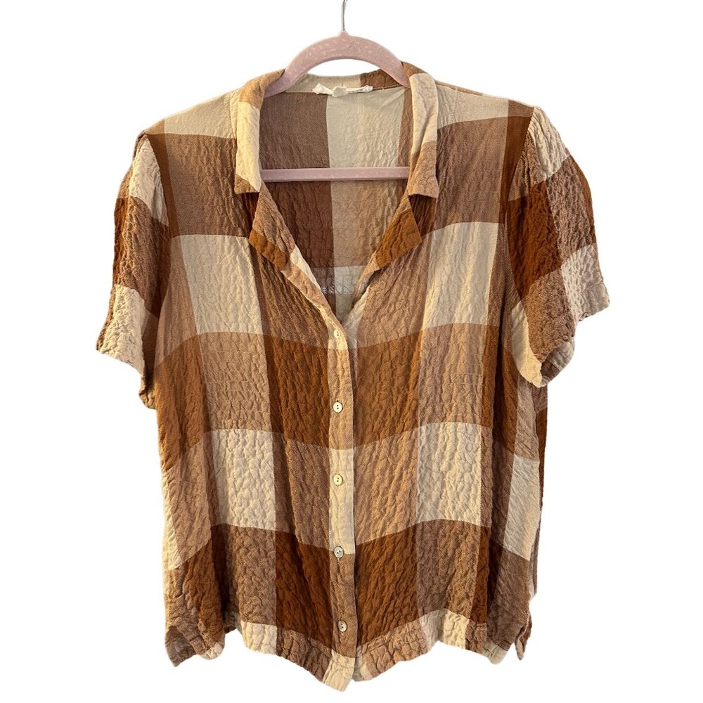 Jane + Delancey Brown Plaid Short Sleeve Button Down Shirt M Crinkle Texture
